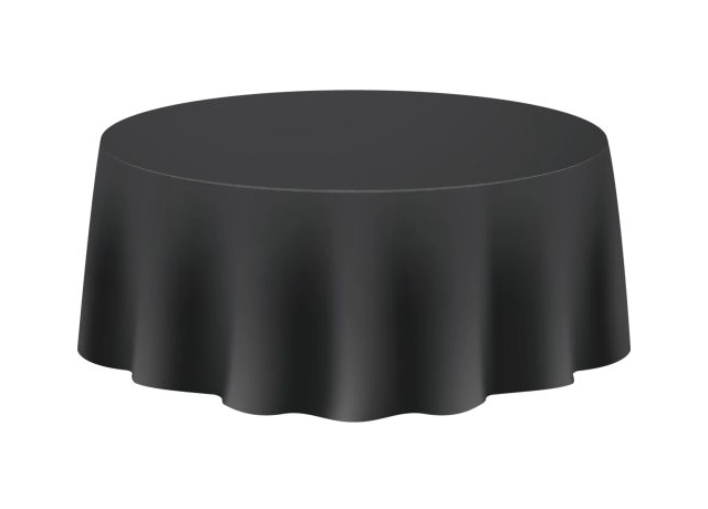 A black round table cloth with a large circle on top.