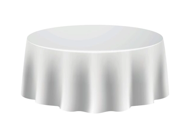 A white table with a round cloth on top.