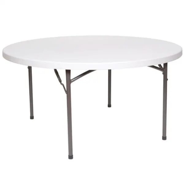 A white table with black legs and metal frame.