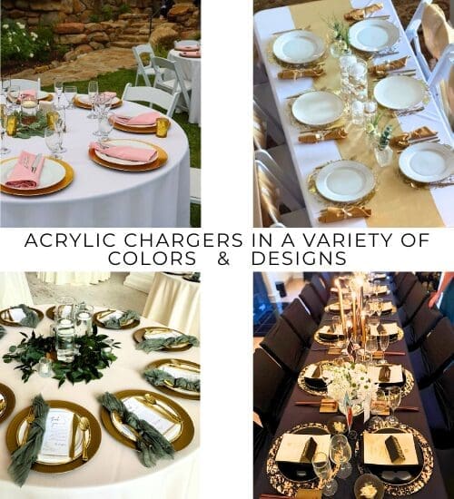 Acrylic chargers for rent Simply Seated Rents and Events Rowlett TX