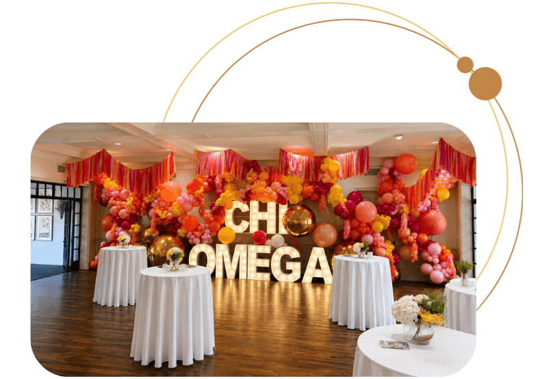 Chi Omega event cocktail tables and linens supplied by Simply Seated Rents & Events Dallas TX