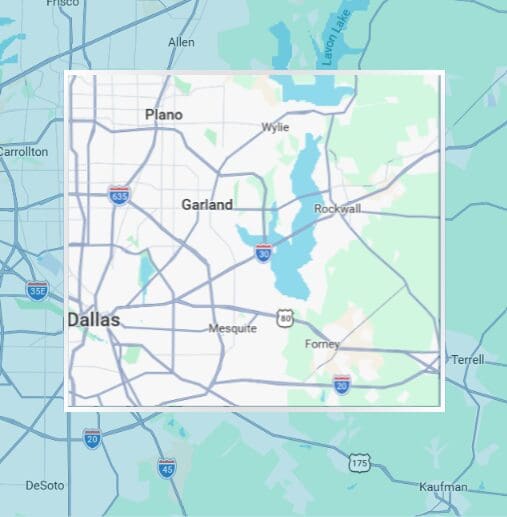 Simply Seated Rents and Events Delivery Area Map - East Dallas, West Rockwall, South Collin County TX